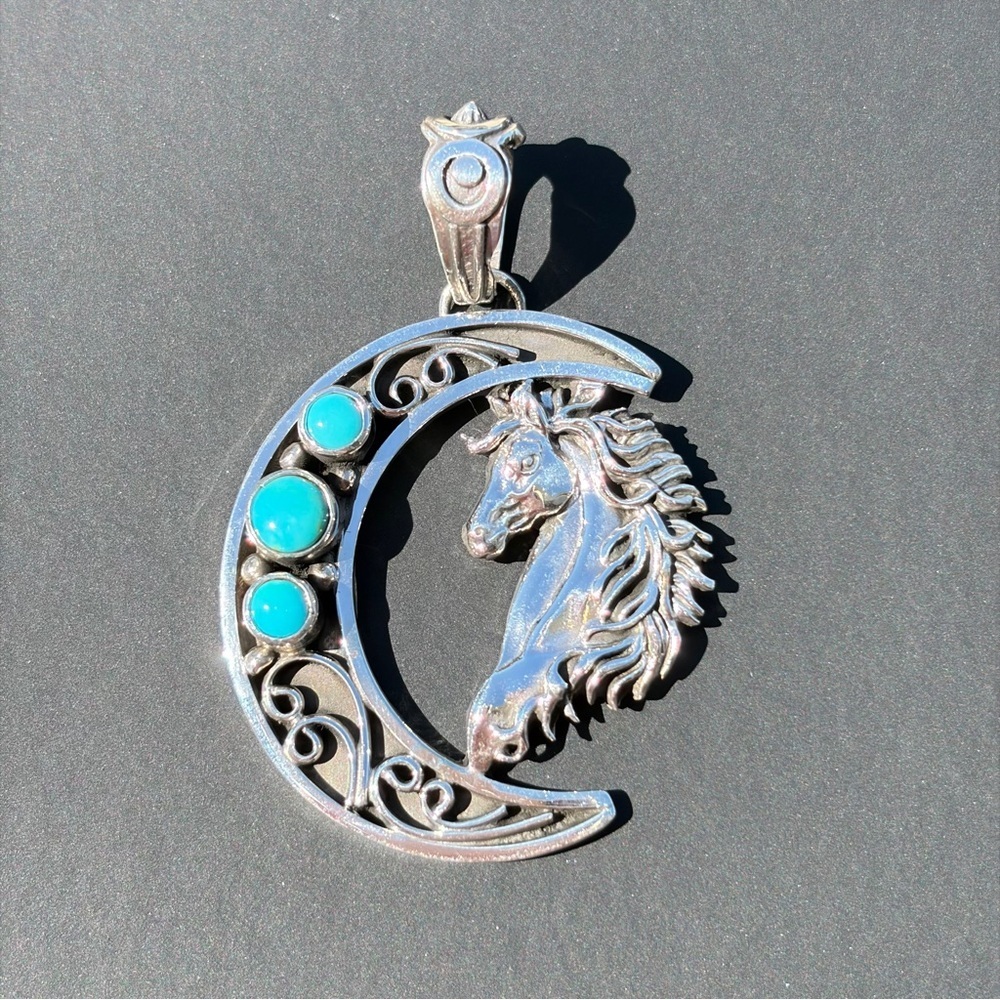 Jennifer Cayaditto Signed Sterling Silver Triple Turquoise Moon & Horse Pendant